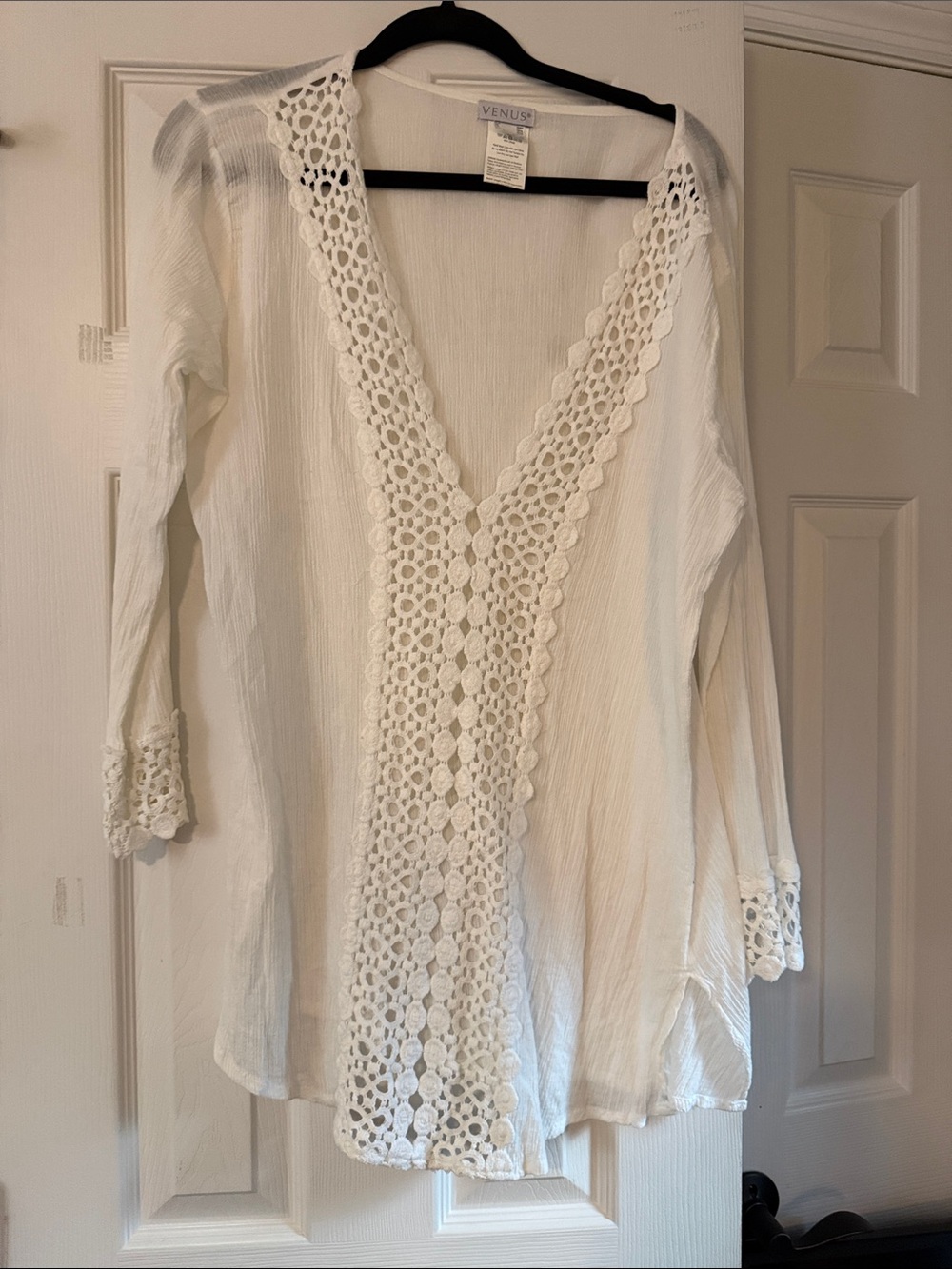 VENUS White Crochet-Trim V-Neck Tunic Top